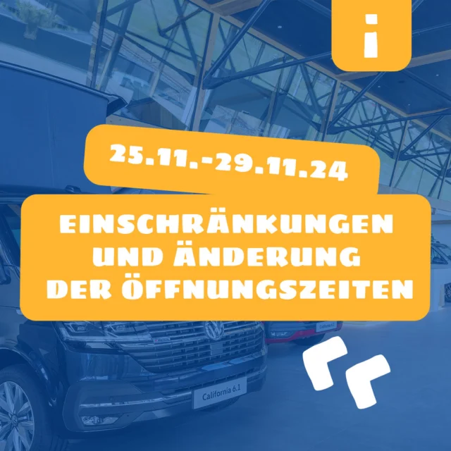 Liebe Kundinnen und Kunden, ⁠
⁠
vom 25. bis 29. November 2024 kommt es zu Einschränkungen in der Bullishow. In diesem Zeitraum bleibt lediglich unser Empfangsbereich geöffnet, während der Showroom an den genannten Tagen geschlossen ist.⁠
⁠
Außerdem ist die Bullishow am 28. November 2024 nur bis 13:00 Uhr geöffnet.⁠
⁠
Wir danken für euer Verständnis 💙⁠
⁠
#thebullishow #reutte #vwbuszentrum