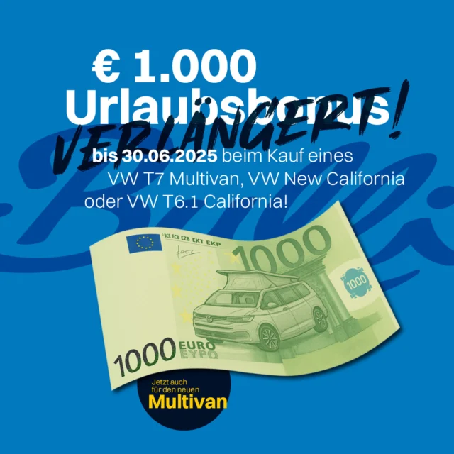 🌞 Sommer, Sonne, Urlaubsbonus! 🌴⁠
⁠
Die Aktion wurde verlängert und ist jetzt auch für den VW T7 Multivan gültig! 😍⁠
⁠
💸 1.000 € Urlaubsbonus sichern beim Kauf eines⁠
🚐 VW T7 Multivan⁠
🚐 New California⁠
🚐 VW T6.1 California⁠
⁠
Aber nur bis zum 30.06. – also schnell sein lohnt sich! 😁⁠
⁠
#thebullishow #vwcalifornia #T7Multivan #Urlaubsbonus